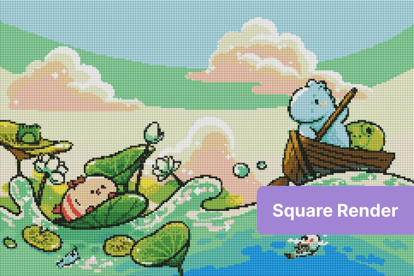 cute aquatic creatures diamond art kit featuring a cheerful frog and boat scene