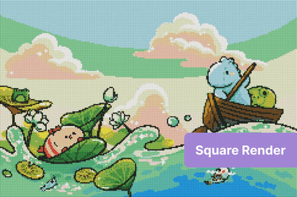 cute aquatic creatures diamond art kit featuring a cheerful frog and boat scene