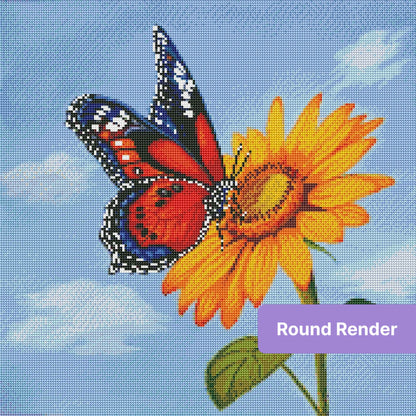 Colorful butterfly on bright sunflower against a soft blue sky, painted in bold floral style