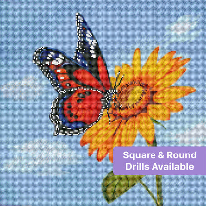 Colorful butterfly on bright sunflower against a soft blue sky, painted in bold floral style