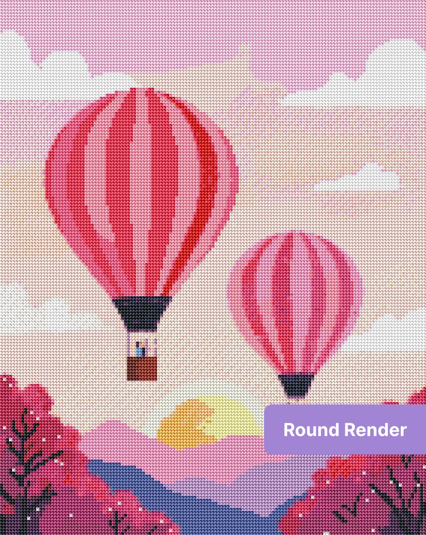 Pink hot air balloons floating over pastel hills and a glowing sunset sky