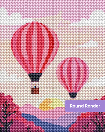 Pink hot air balloons floating over pastel hills and a glowing sunset sky