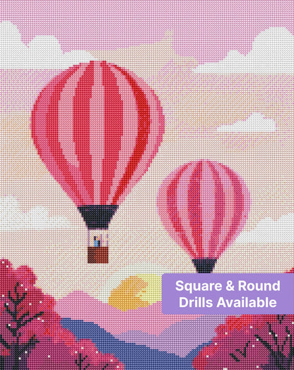 Pink hot air balloons floating over pastel hills and a glowing sunset sky