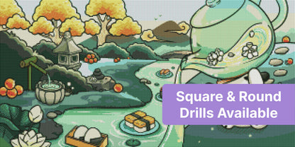 Cute bunny in a Japanese garden with pastel trees, pond, and pagoda style details