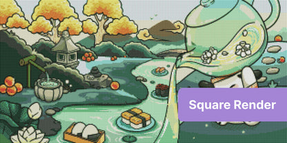 Cute bunny in a Japanese garden with pastel trees, pond, and pagoda style details