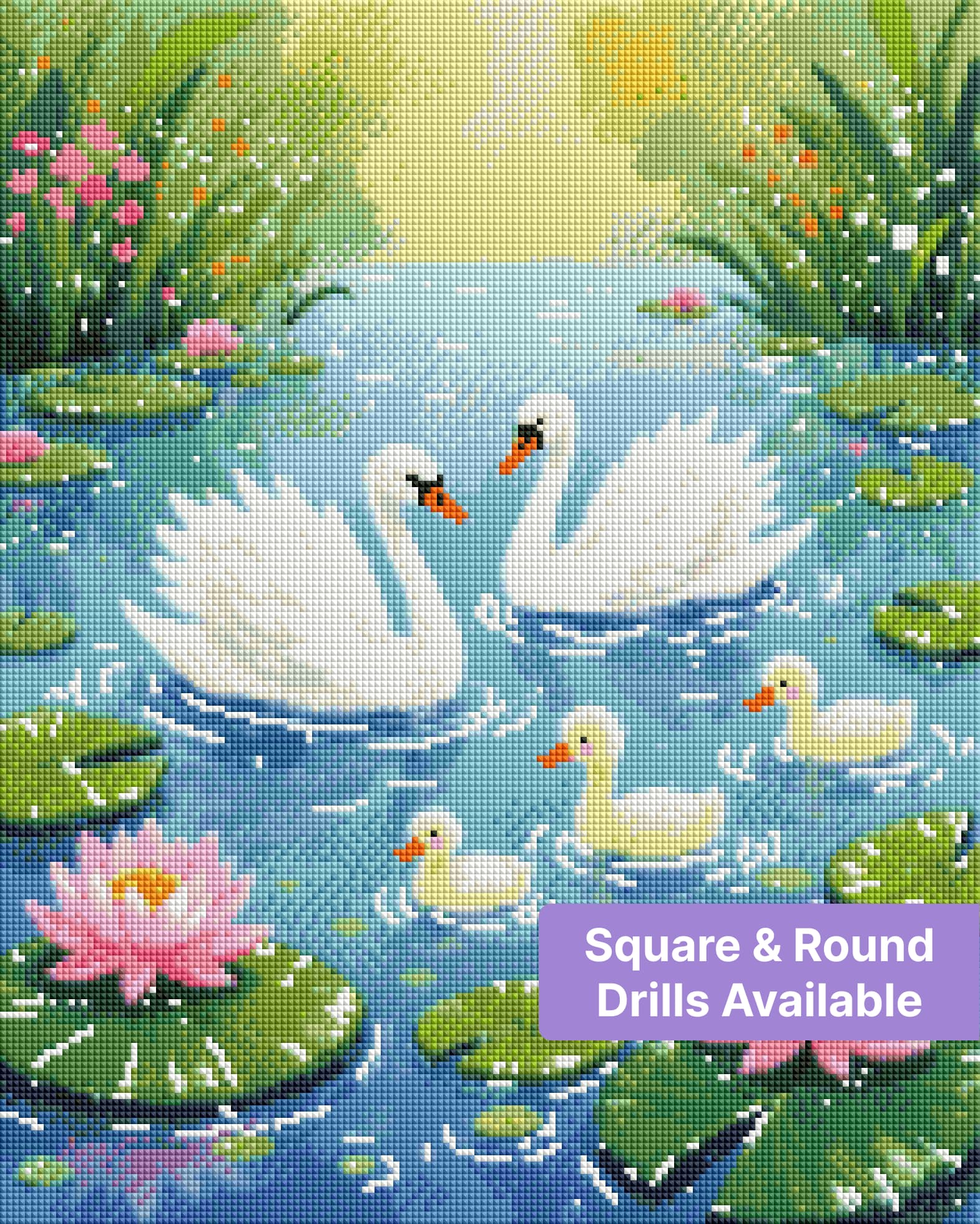 White swans and ducklings floating in a pastel lily pond with pink flowers and green lily pads