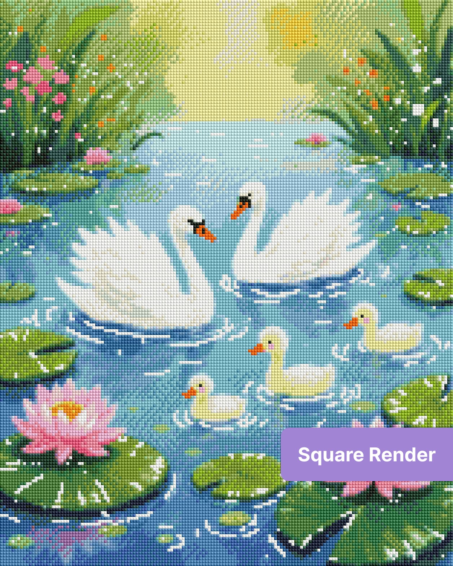 Swan Family Lily Pond Diamond Painting Kit – Pressed + Placed