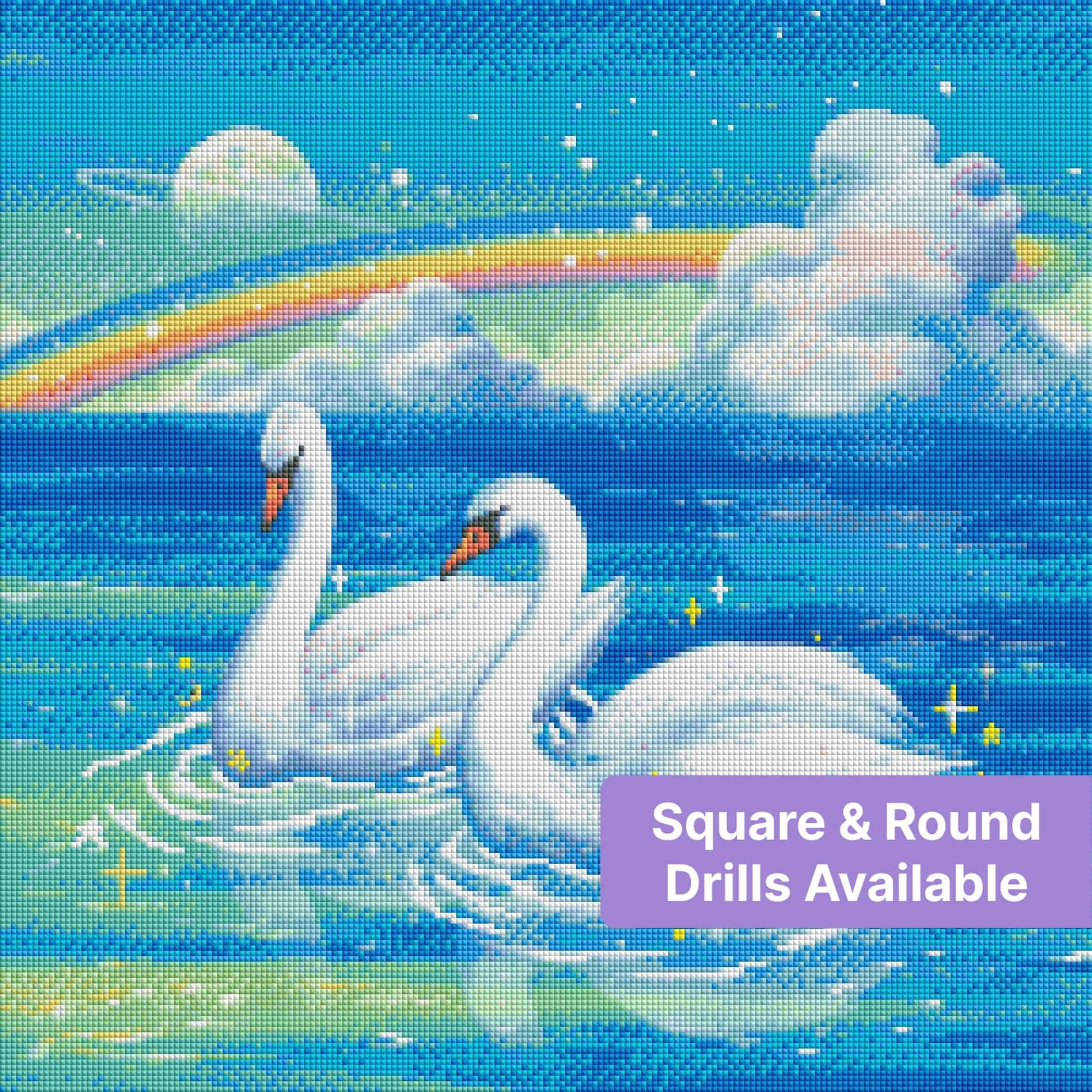 Two white swans on a sparkling ocean beneath a rainbow in a fantasy sky