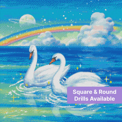 Two white swans on a sparkling ocean beneath a rainbow in a fantasy sky
