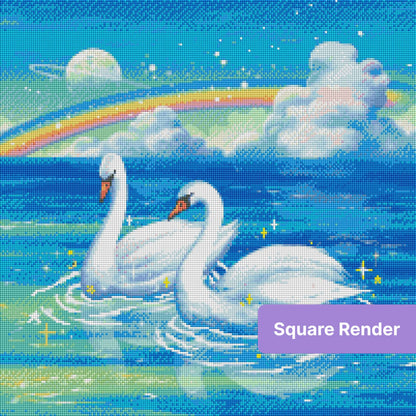 Two white swans on a sparkling ocean beneath a rainbow in a fantasy sky