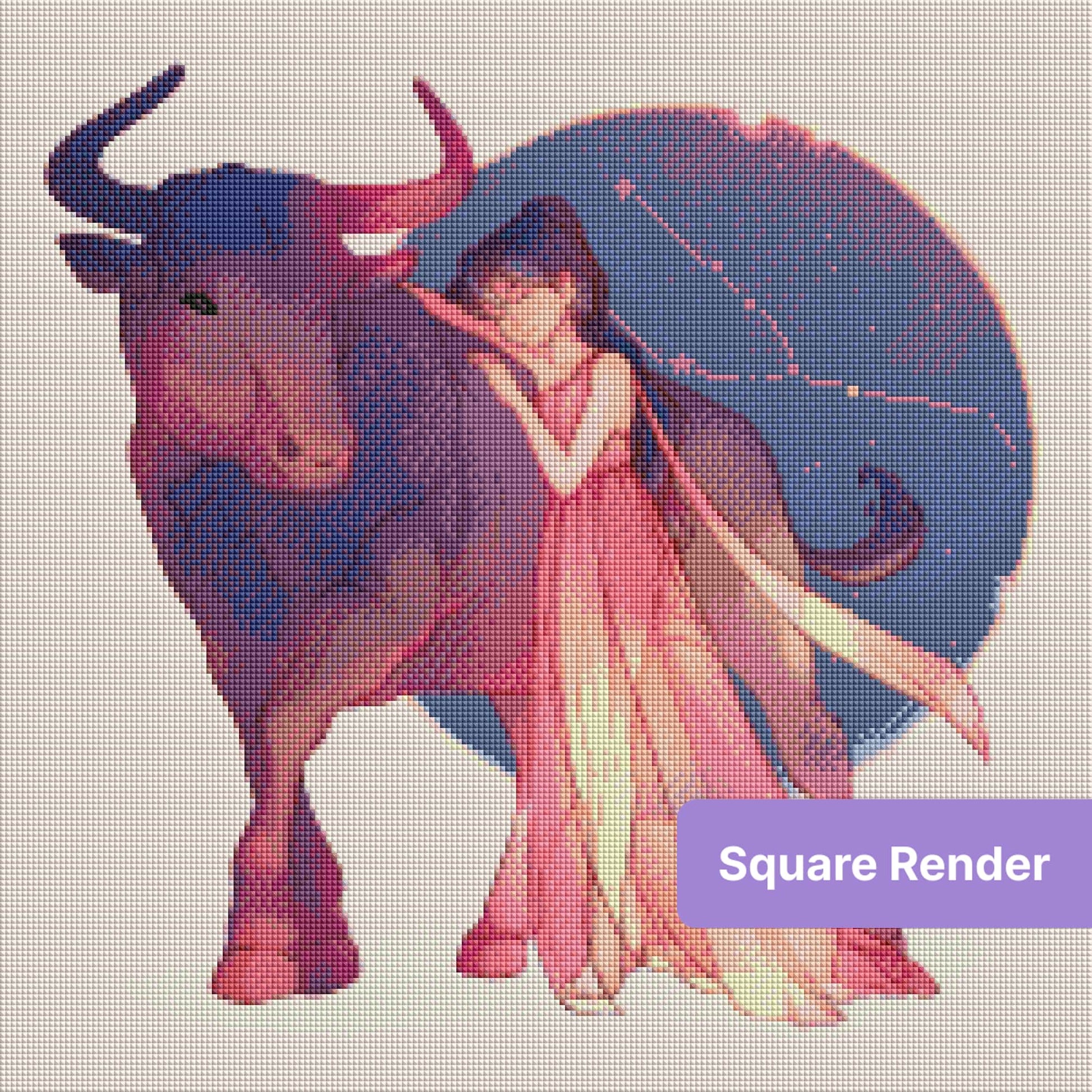 Fantasy girl in flowing dress beside a bull with celestial night backdrop