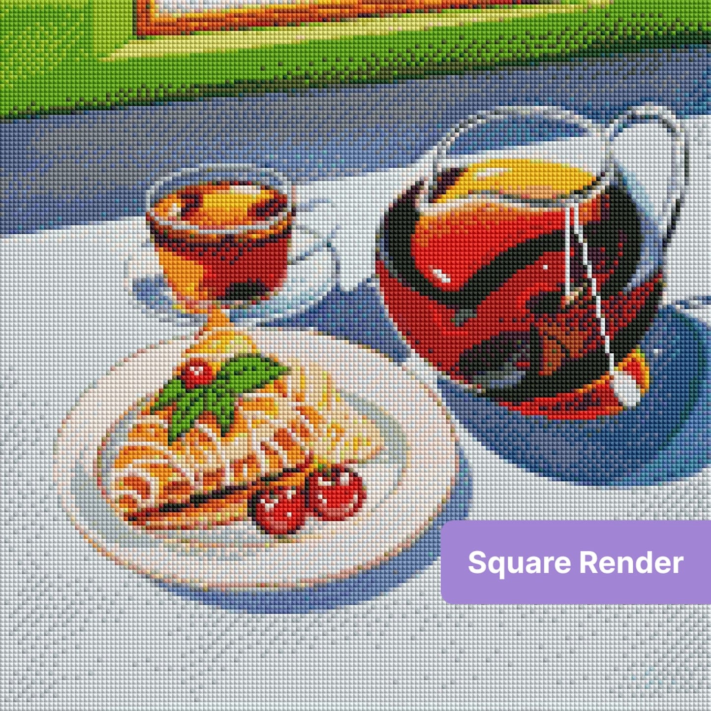 Still life of tea, teapot, and dessert with cherries in a vibrant painted style
