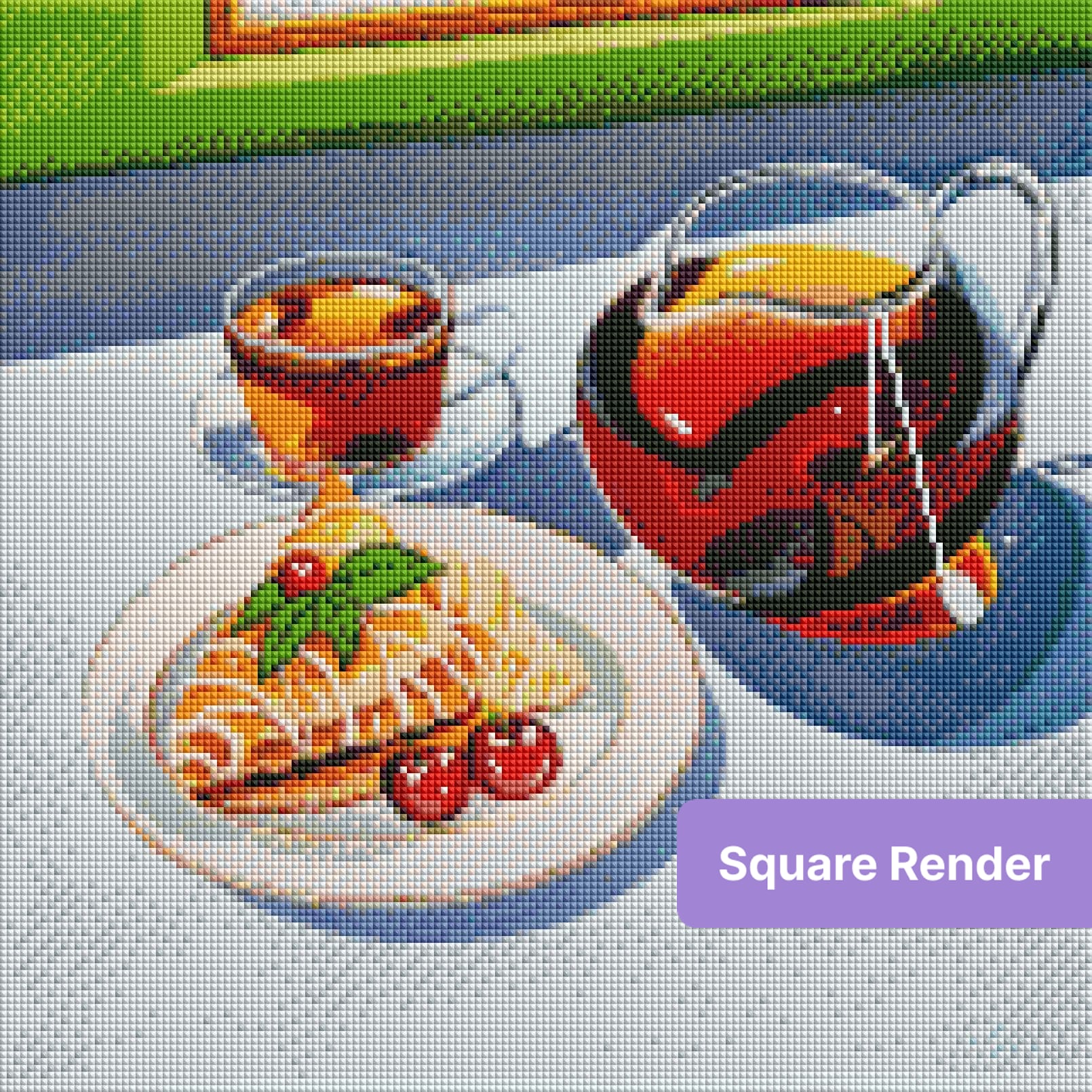 Still life of tea, teapot, and dessert with cherries in a vibrant painted style