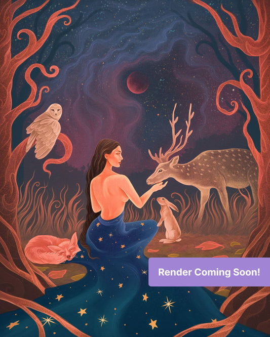 Fantasy woodland scene with woman, deer, owl, rabbit, and starry moonlit sky
