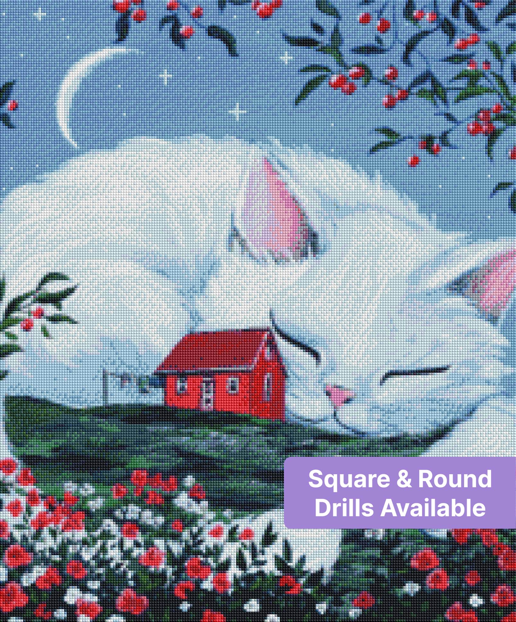 White cat curled around a red cottage with crescent moon and floral branches