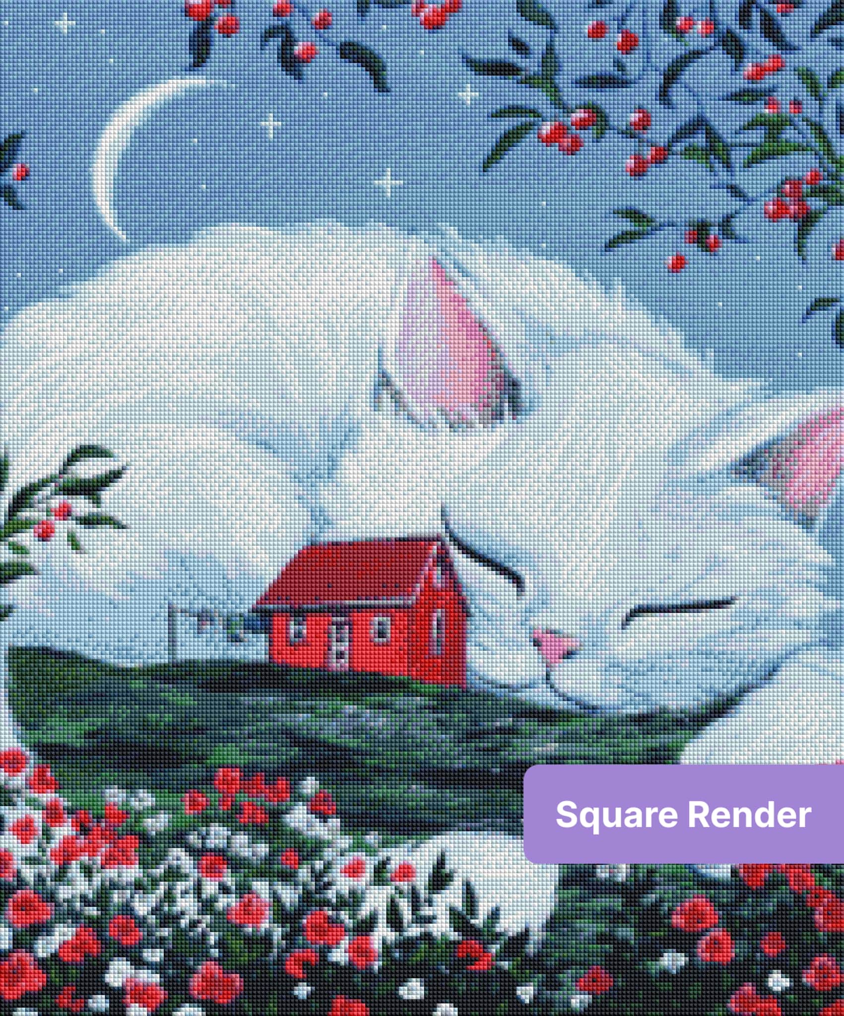 White cat curled around a red cottage with crescent moon and floral branches