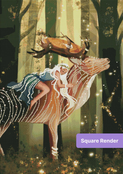 Fantasy girl embracing a deer in a glowing woodland scene
