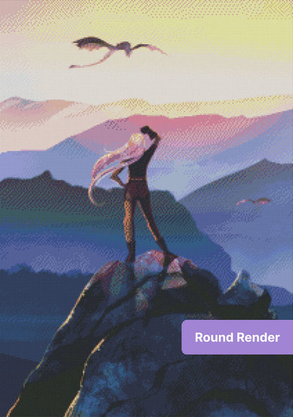 Fantasy dragon rider standing on a mountain peak under a glowing sunrise sky