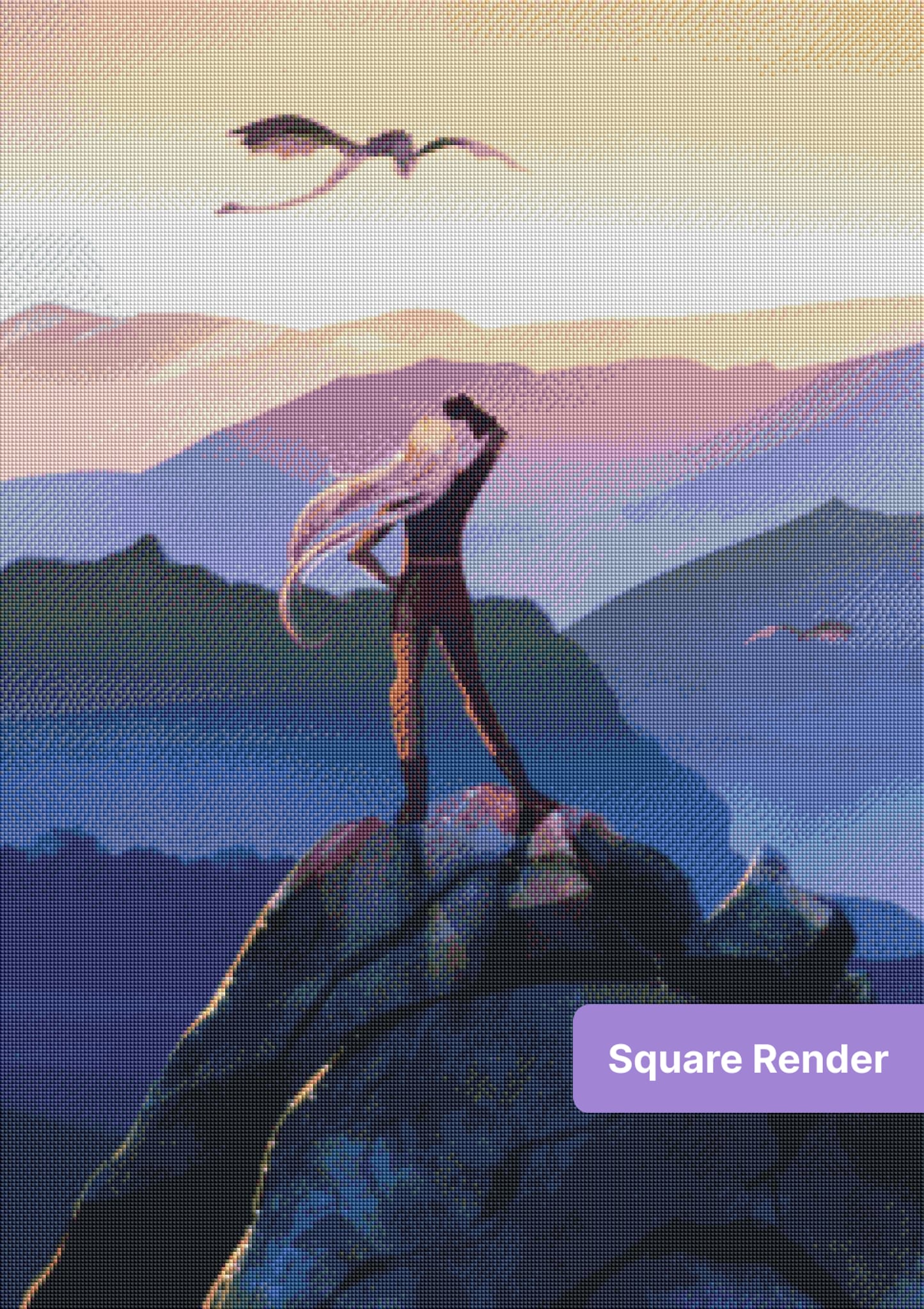 Fantasy dragon rider standing on a mountain peak under a glowing sunrise sky