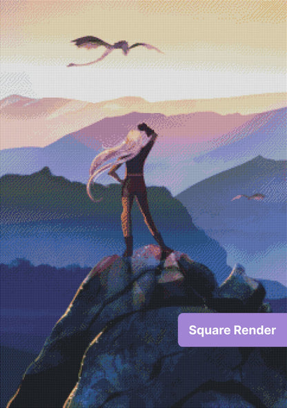 Fantasy dragon rider standing on a mountain peak under a glowing sunrise sky