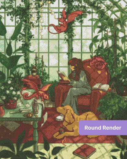 Fantasy reading room with dragons, lush greenery, and a cozy seated reader