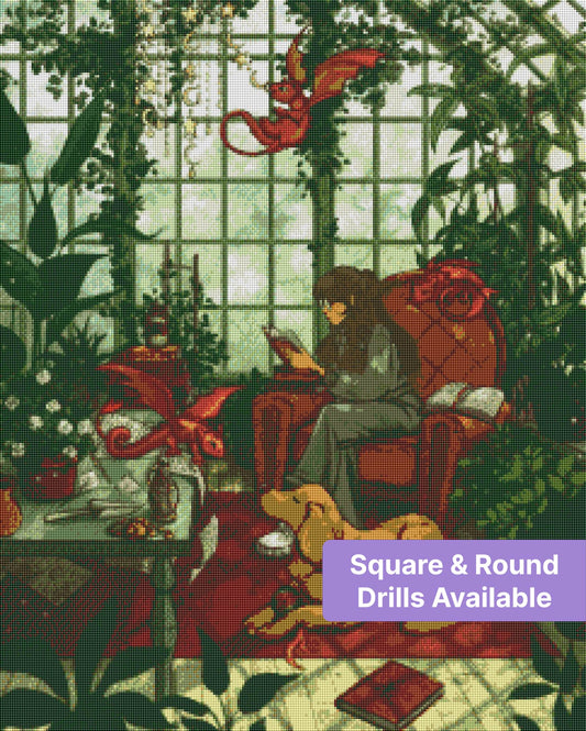 magical greenhouse diamond art kit featuring a whimsical girl and dragons scene