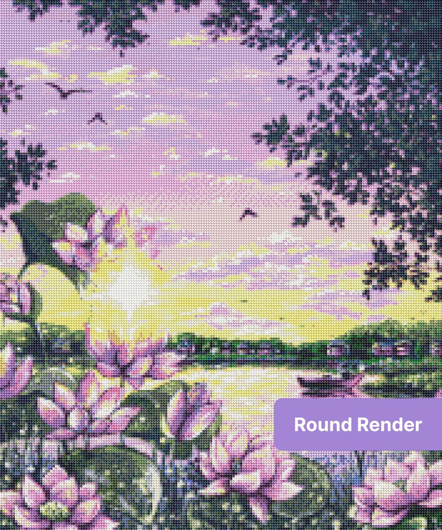 Painted lotus pond sunset with pink blossoms, birds, and a small boat in a dreamy landscape