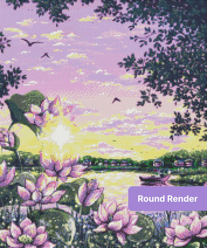 Painted lotus pond sunset with pink blossoms, birds, and a small boat in a dreamy landscape