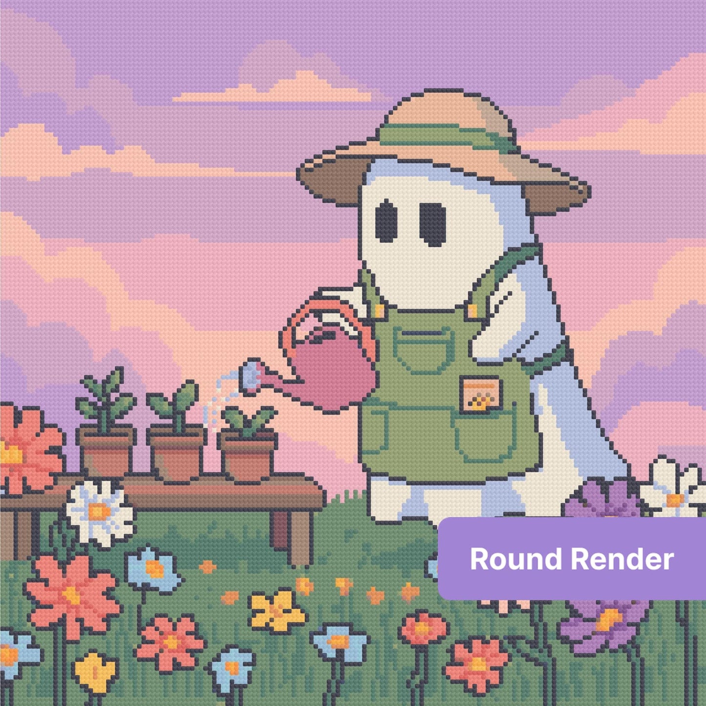 Cute garden gnome watering flowers in a pastel sunset diamond art style