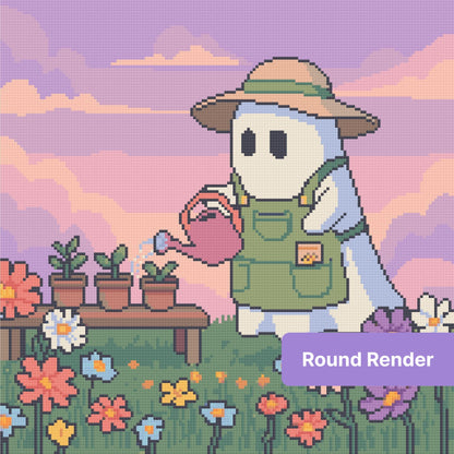 Cute garden gnome watering flowers in a pastel sunset diamond art style