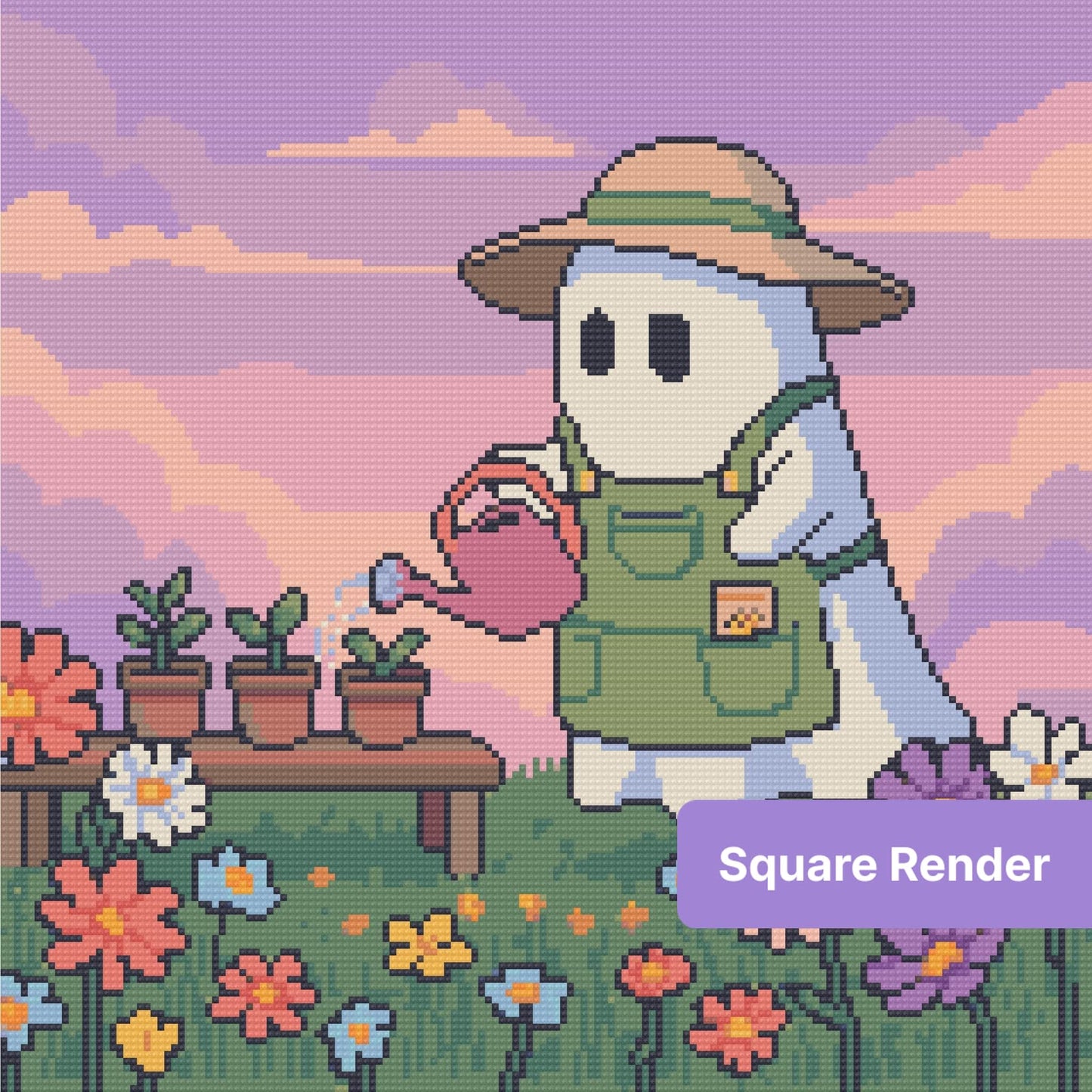 Cute garden gnome watering flowers in a pastel sunset diamond art style