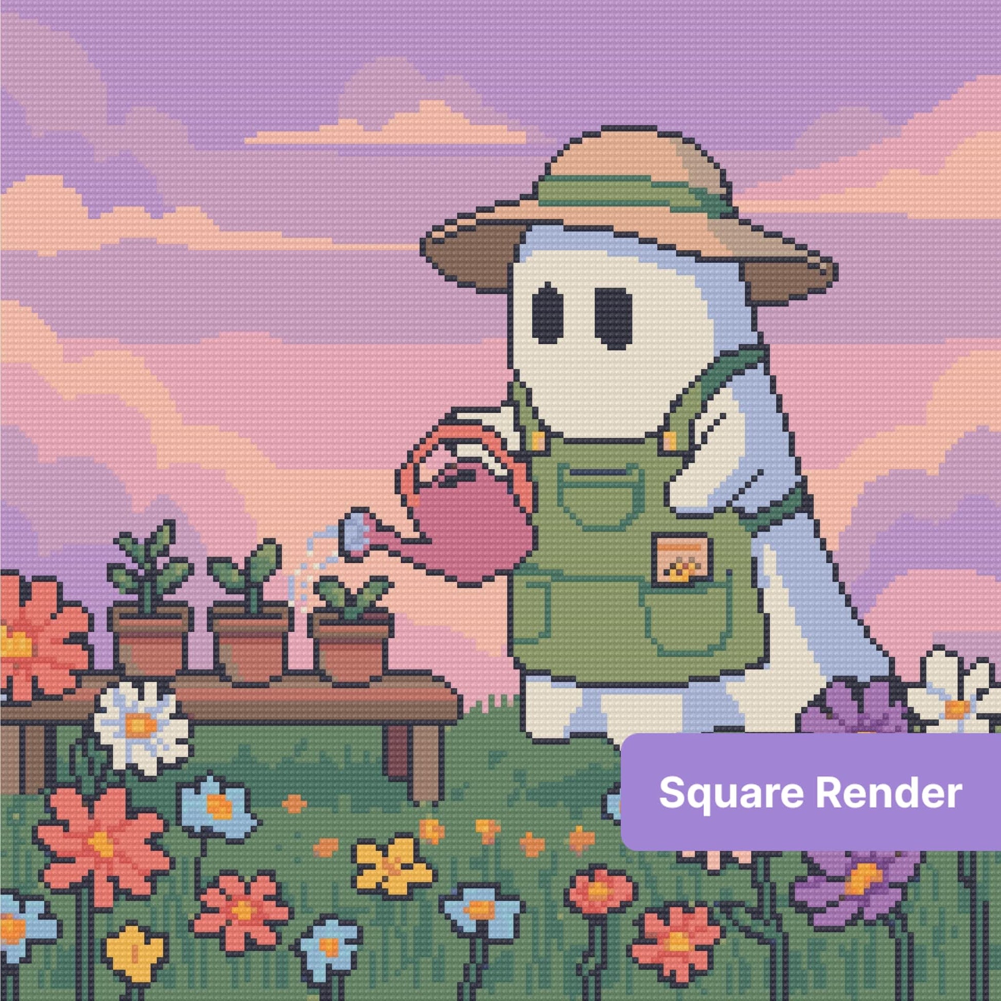 Cute garden gnome watering flowers in a pastel sunset diamond art style