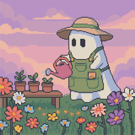 Cute garden gnome watering flowers in a pastel sunset diamond art style