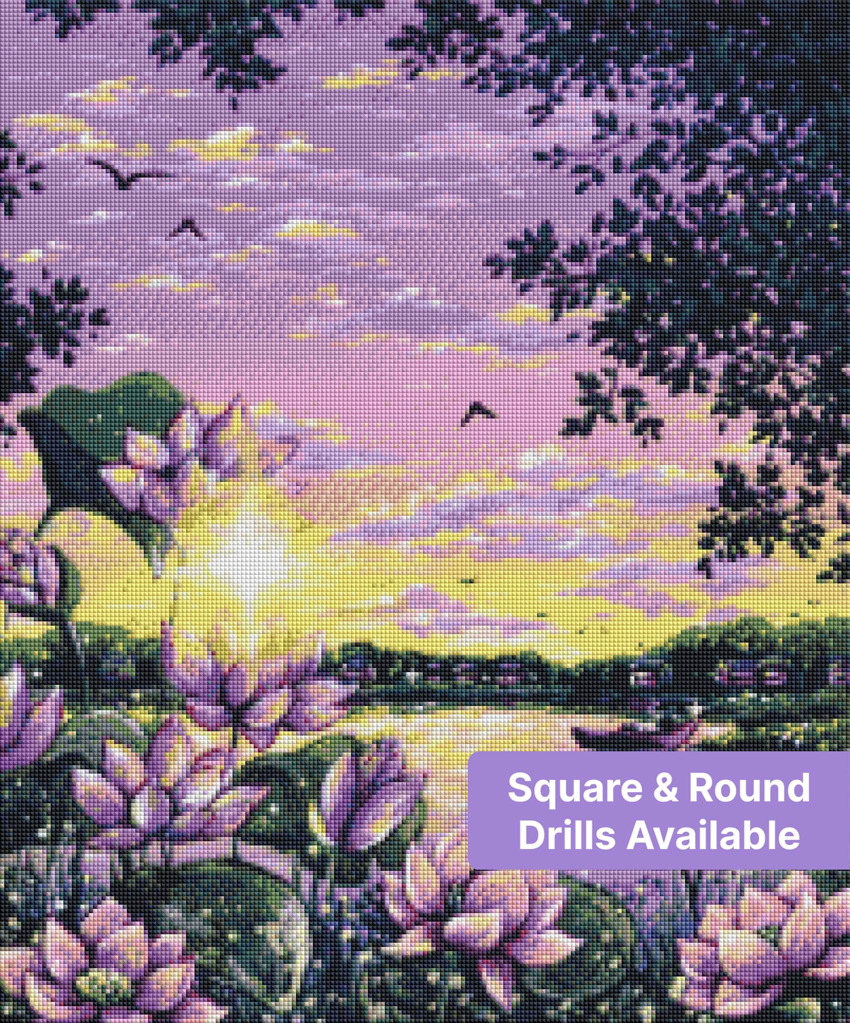 Painted lotus pond sunset with pink blossoms, birds, and a small boat in a dreamy landscape