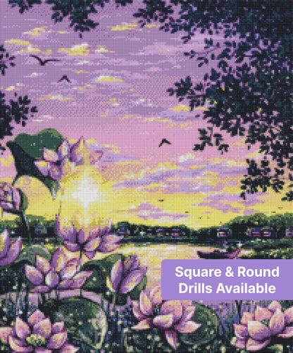 Painted lotus pond sunset with pink blossoms, birds, and a small boat in a dreamy landscape