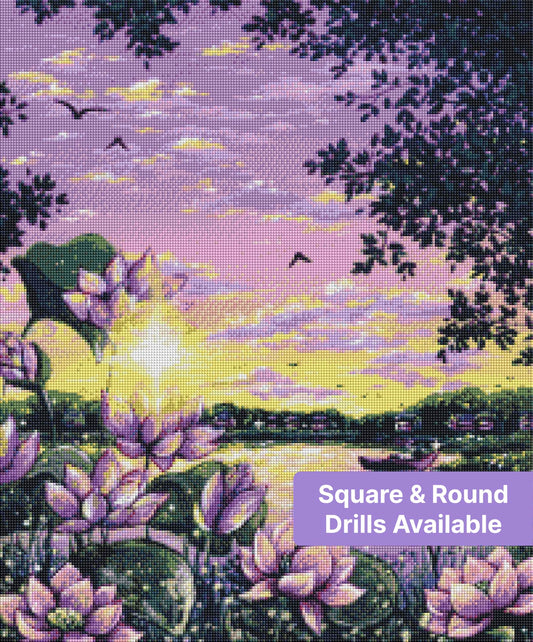 Painted lotus pond sunset with pink blossoms, birds, and a small boat in a dreamy landscape