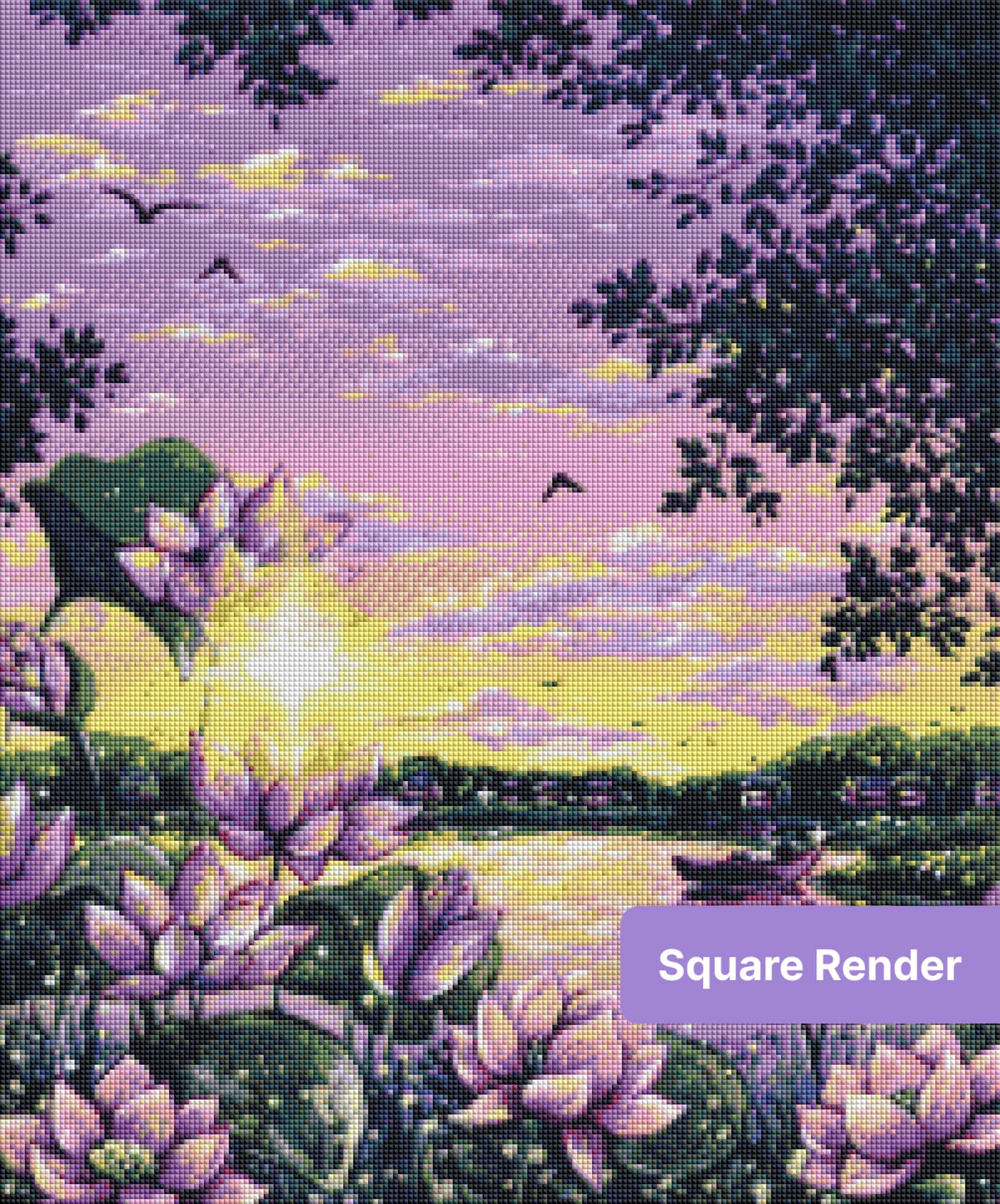 Painted lotus pond sunset with pink blossoms, birds, and a small boat in a dreamy landscape