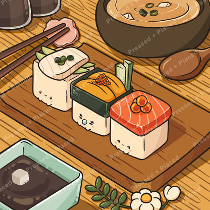 Cute kawaii sushi art with smiling rolls, warm wood table, and Japanese food details