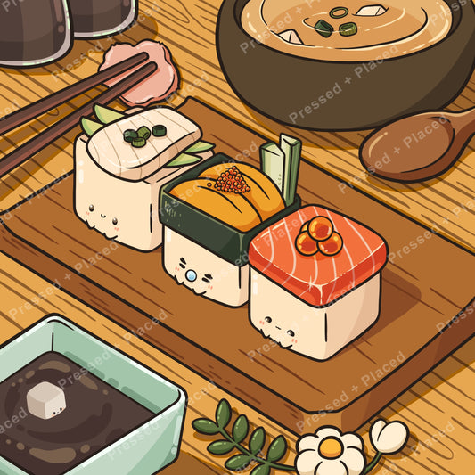 Cute kawaii sushi art with smiling rolls, warm wood table, and Japanese food details