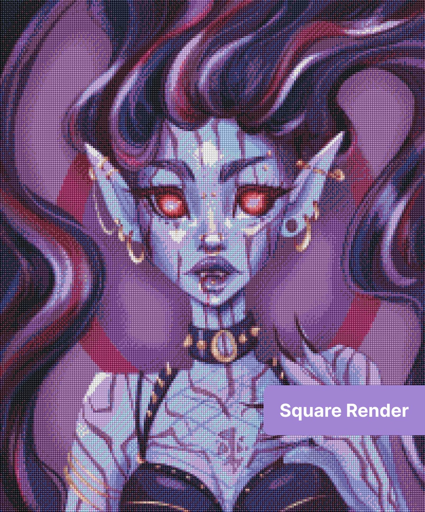 Gothic vampire demon woman portrait with glowing red eyes, dark purple hair, and gold piercings