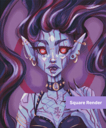 Gothic vampire demon woman portrait with glowing red eyes, dark purple hair, and gold piercings