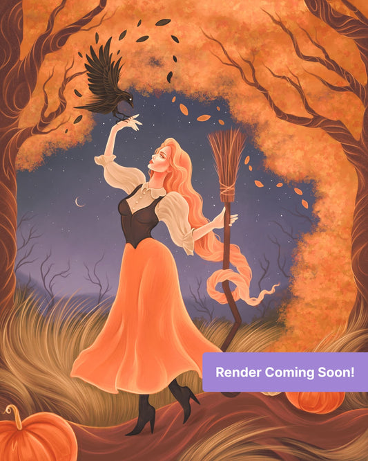 Autumn witch with raven, pumpkins, and glowing fall trees in a fantasy night scene