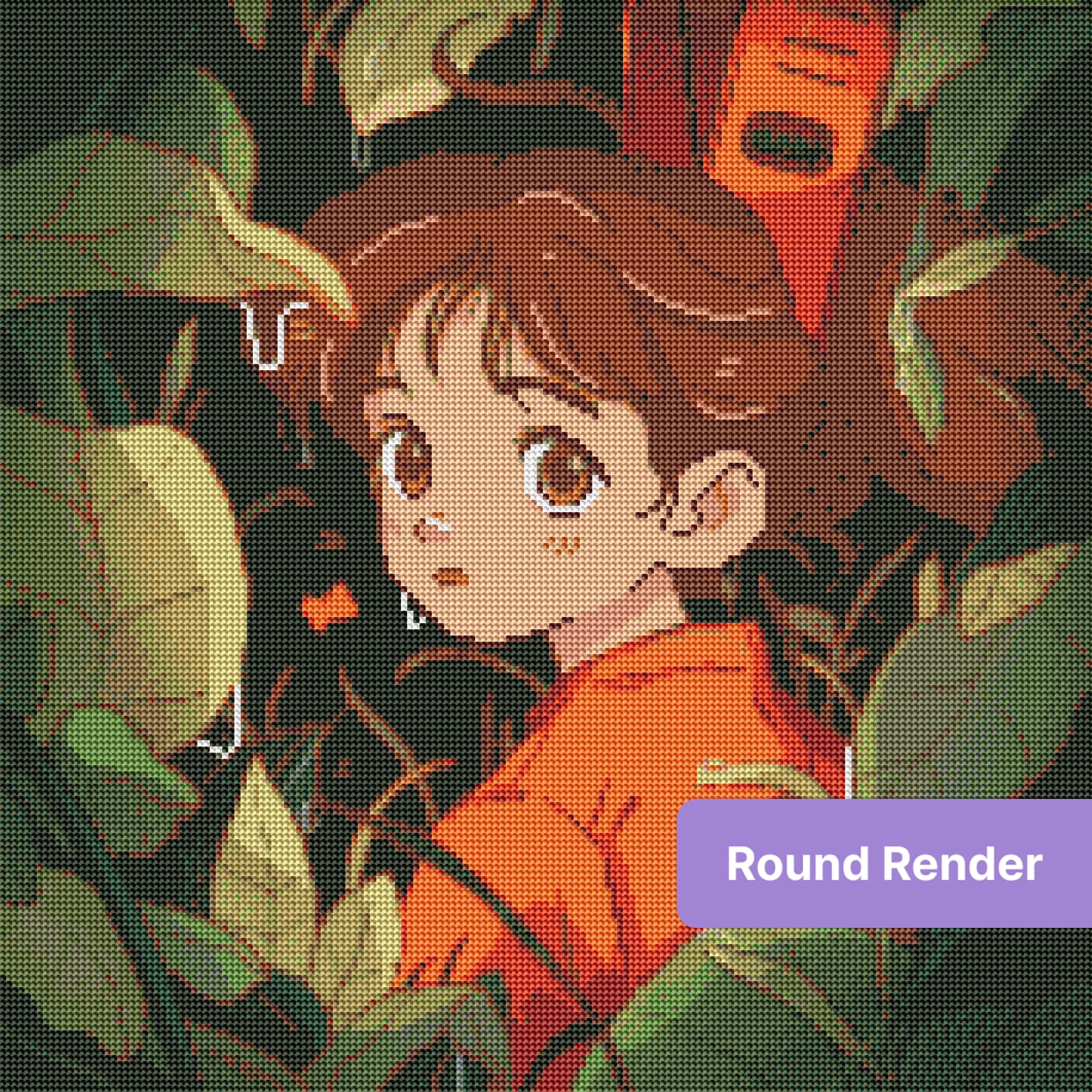 Anime-style girl in orange clothing framed by lush green leaves and dark background