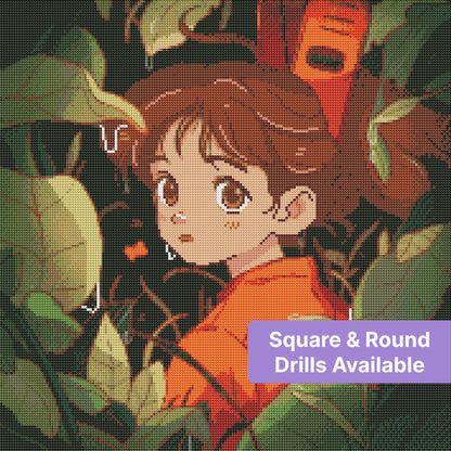 Anime-style girl in orange clothing framed by lush green leaves and dark background