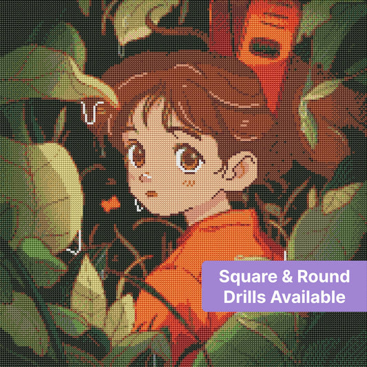 Anime-style girl in orange clothing framed by lush green leaves and dark background