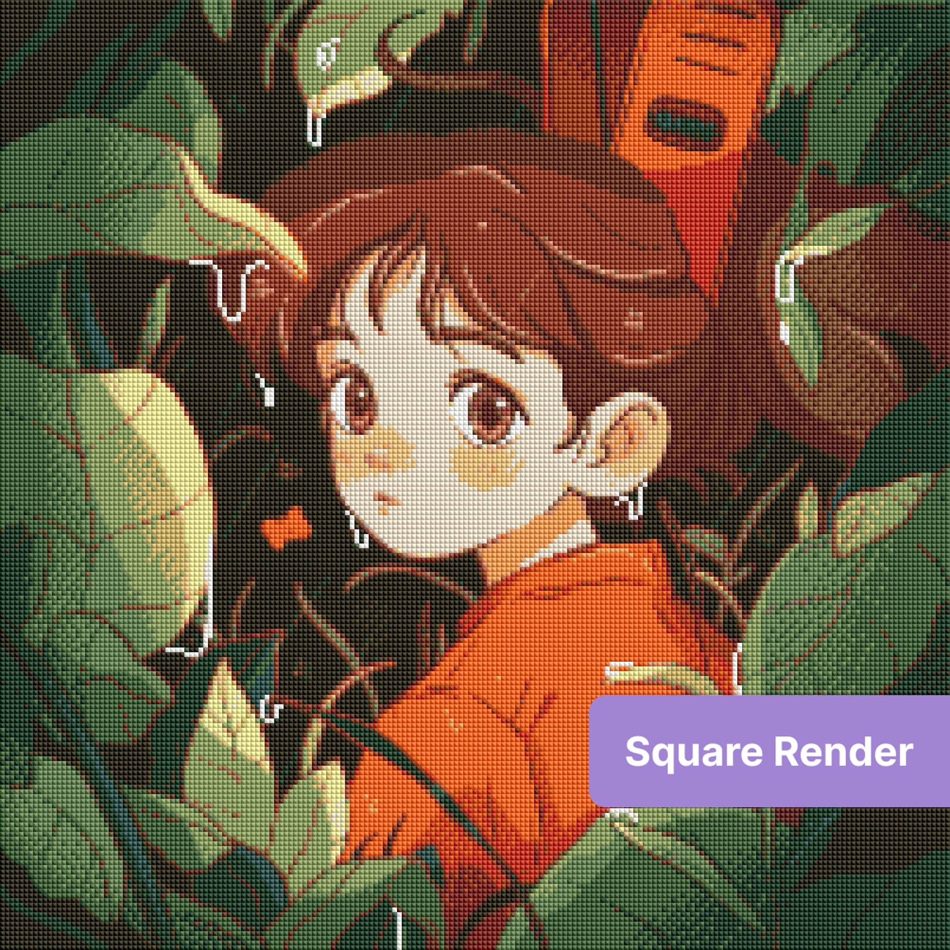 Anime-style girl in orange clothing framed by lush green leaves and dark background
