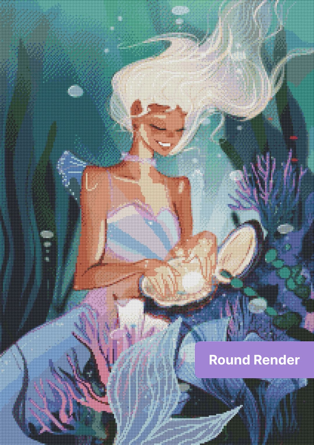 Fantasy mermaid holding a glowing seashell surrounded by colorful coral and sea plants
