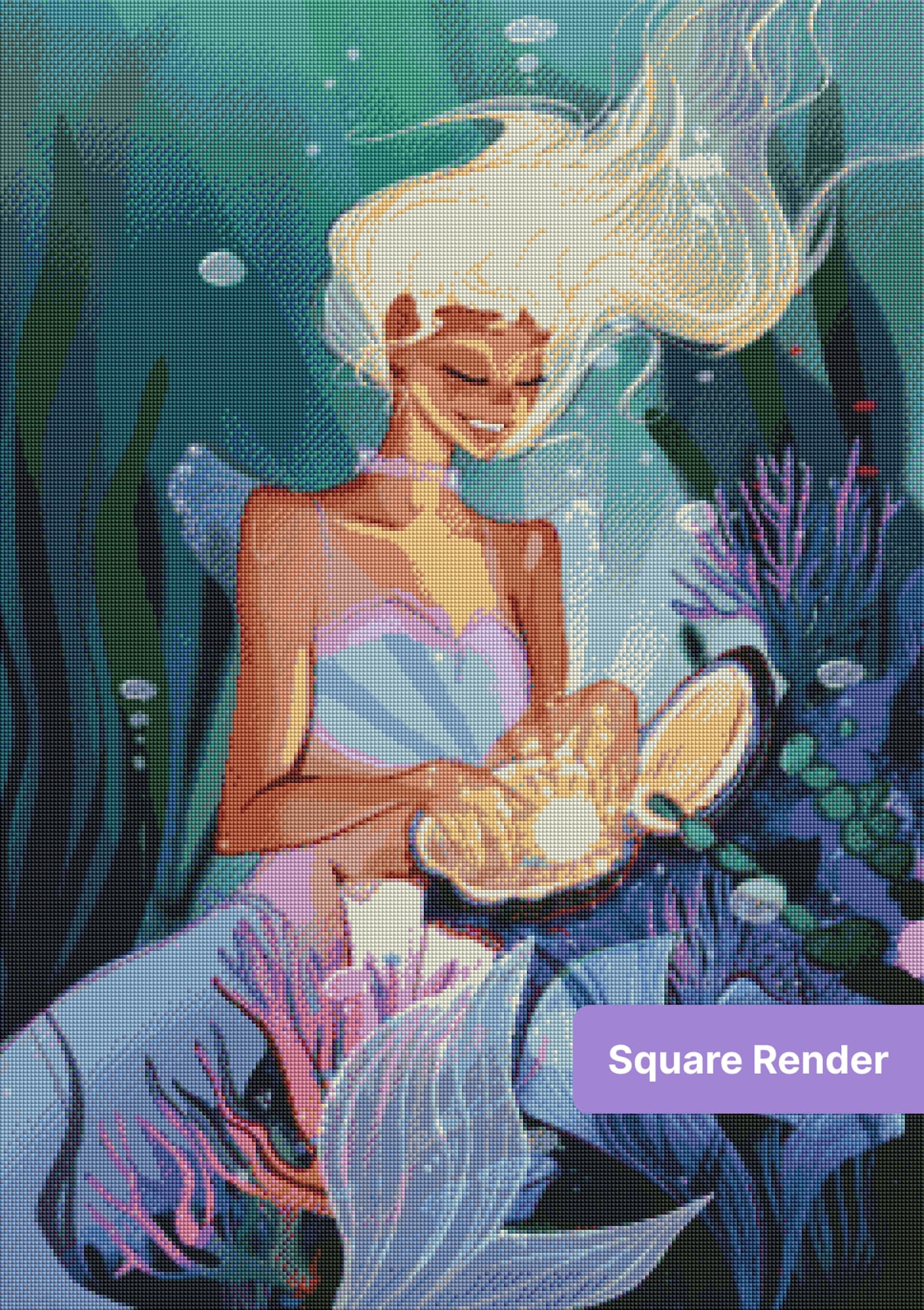 Fantasy mermaid holding a glowing seashell surrounded by colorful coral and sea plants