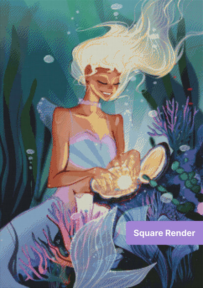 Fantasy mermaid holding a glowing seashell surrounded by colorful coral and sea plants