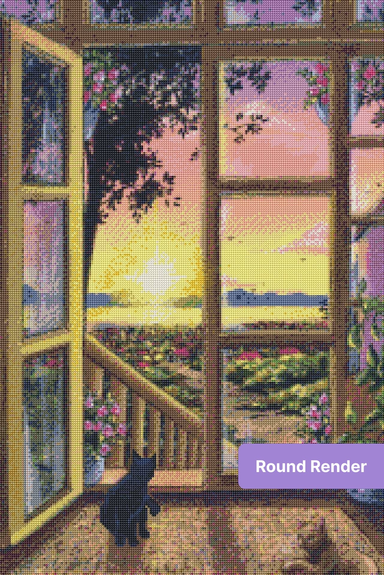 Sunset window view with two cats, wooden frames, flowers, and a tranquil landscape